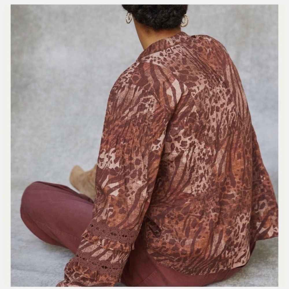 Pilcro Anthropologie Boho Animal Print Lace‎ Accent Button Down Blouse Brown - Picture 2 of 8